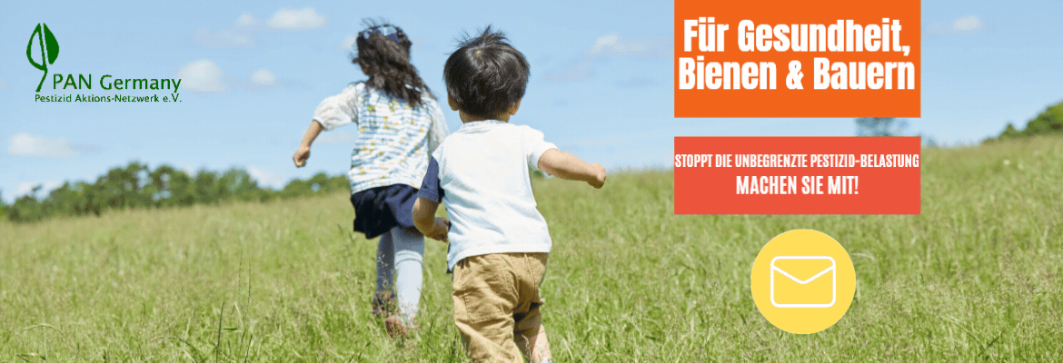 Zwei Kinder laufen über eine Wiese. Aufruf zur Unrzeichnung der Petition für Gesundheit, Bienen und Bauern